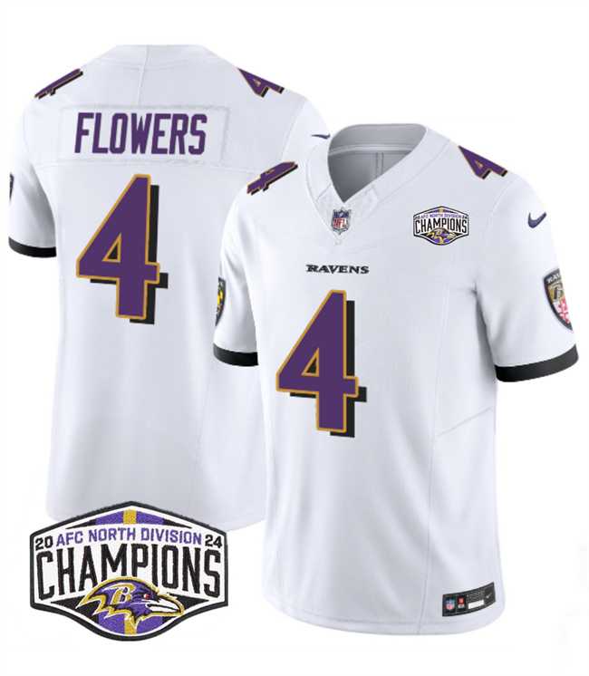 Mens Baltimore Ravens #4 Zay Flowers White F.U.S.E 2024 AFC North Division Champions Vapor Limited Jersey